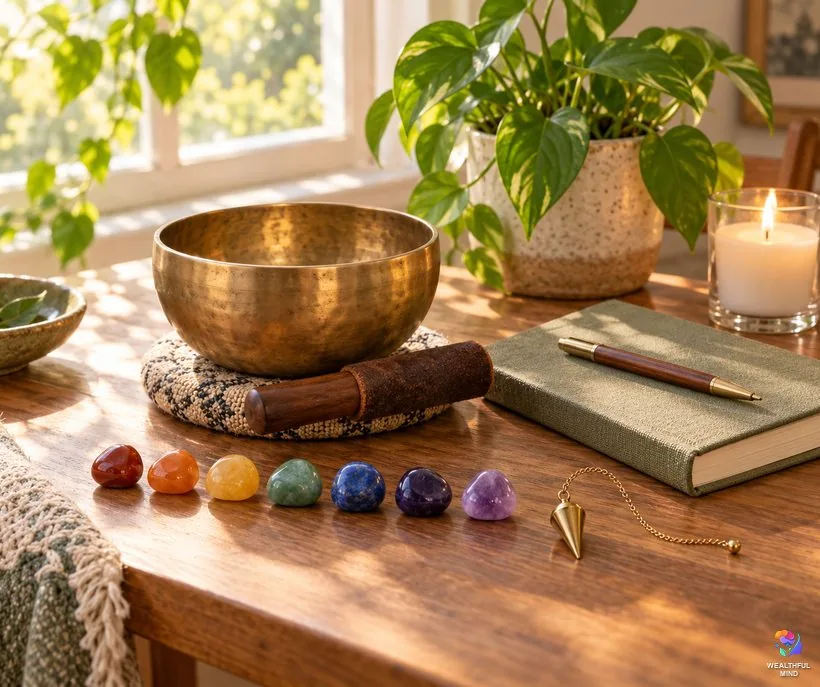 Tools for chakra work: a singing bowl, seven colored crystals, a pendulum and a closed journal on a wooden table