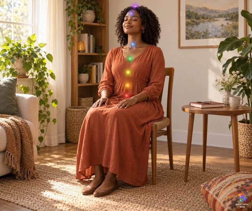 Chakra unblocking routine for all 7 chakras: a young woman sitting upright on a chair, eyes closed, with seven colors rising along her spine