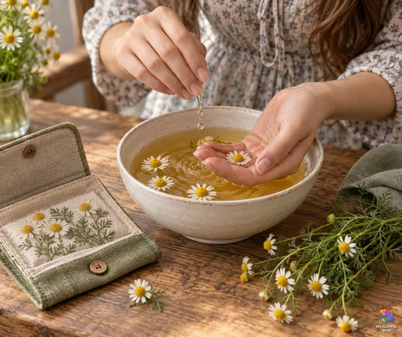 Chamomile for money and luck: hands rinsed in a bowl of chamomile tea beside a wallet with pressed chamomile flowers