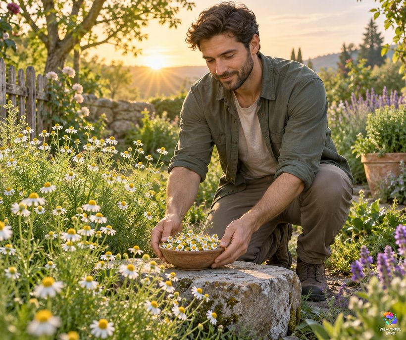 Chamomile, herb of the sun: a young man leaving a small dish of chamomile flowers as a morning offering beside chamomile in bloom