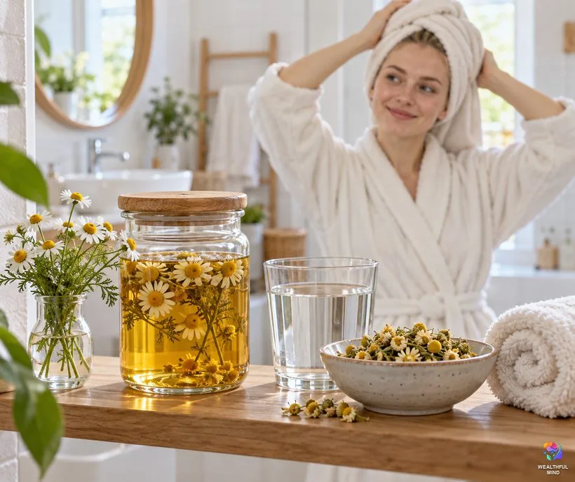 Healing and household uses for chamomile: a jar of chamomile hair rinse and dried chamomile flowers on a bathroom shelf