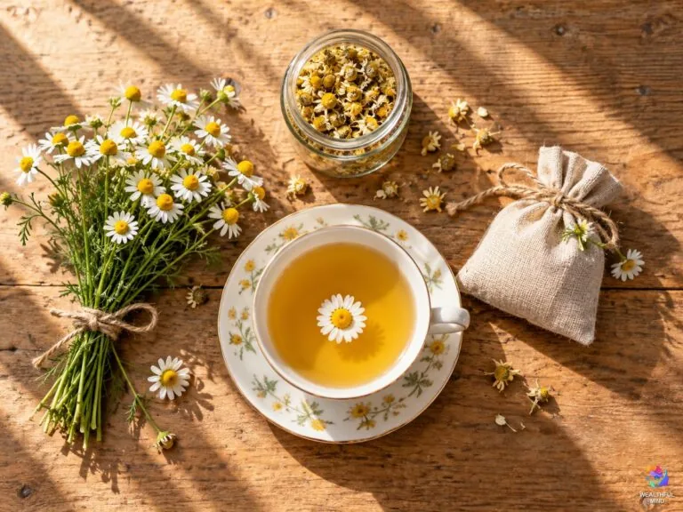Chamomile magical properties: a cup of chamomile tea, fresh chamomile flowers and a herb sachet on a sunlit table