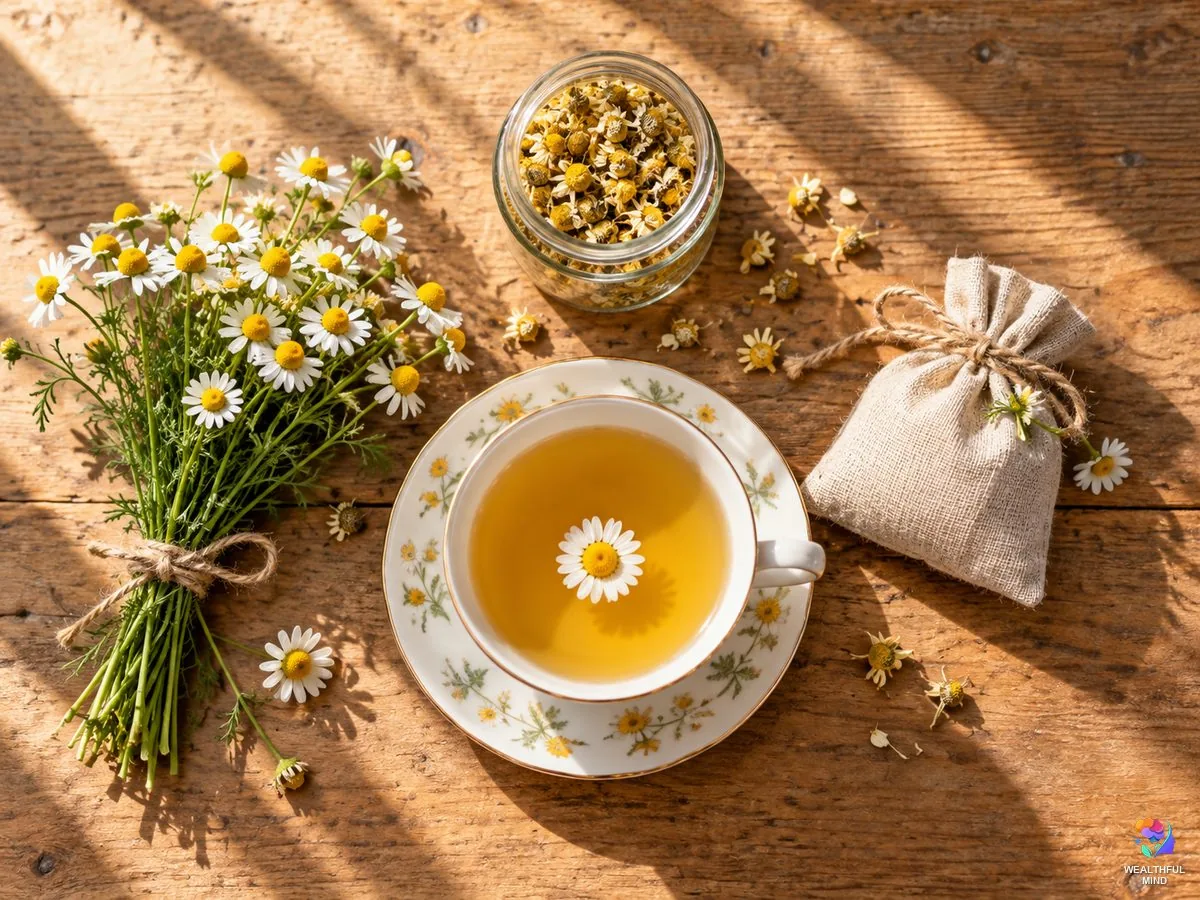 Chamomile magical properties: a cup of chamomile tea, fresh chamomile flowers and a herb sachet on a sunlit table