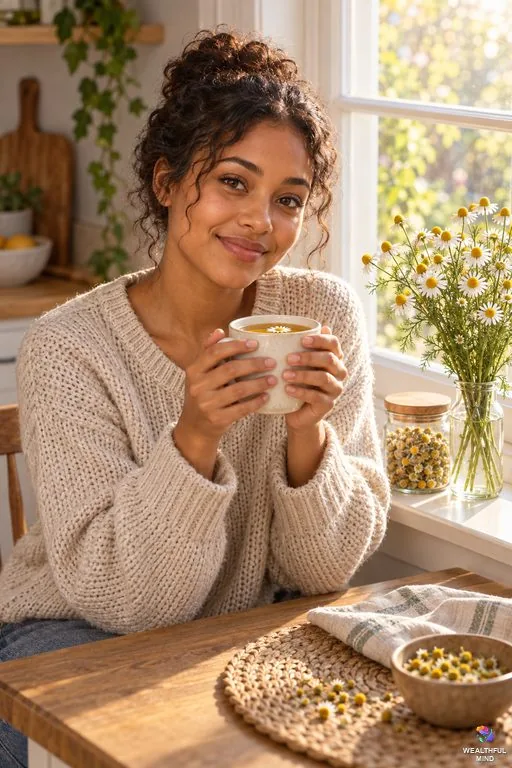 Chamomile magical properties: a young woman holding a cup of chamomile tea by a sunny window beside fresh and dried chamomile flowers