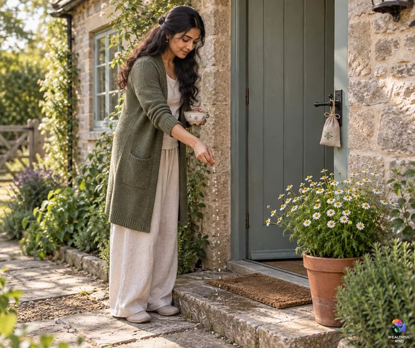 Chamomile for protection and cleansing: a young woman sprinkling chamomile tea on her doorstep beside a pot of chamomile