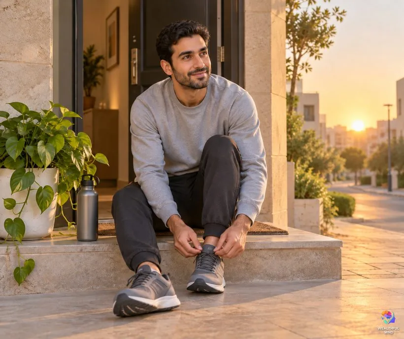 You can change for the better: a man lacing up his shoes at sunrise to keep a new daily habit