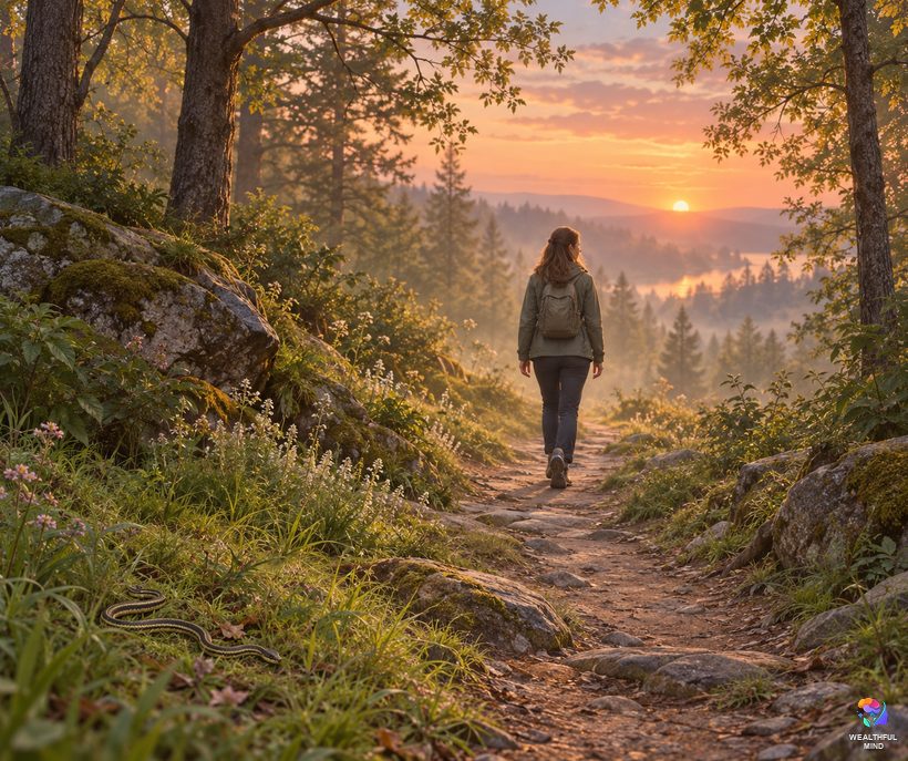 Being chased by a snake in a dream: a young woman walking calmly toward light while a small garter snake rests far behind