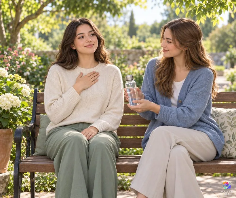 Chest pain, a racing heart or fainting: a young woman on a bench breathing slowly as a friend offers water