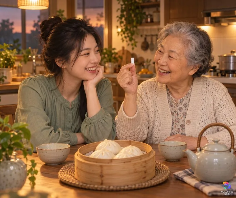 Chinese saying about right eye twitching: a grandmother holding up a small strip of white paper as her granddaughter laughs