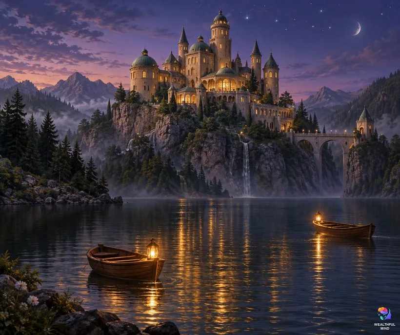Choosing your Hogwarts era for shifting: a towering castle with glowing windows on a cliff above a lake at twilight