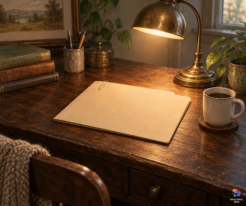 CIA Gateway tapes: a closed manila folder with a paperclip on an old wooden desk under a lamp
