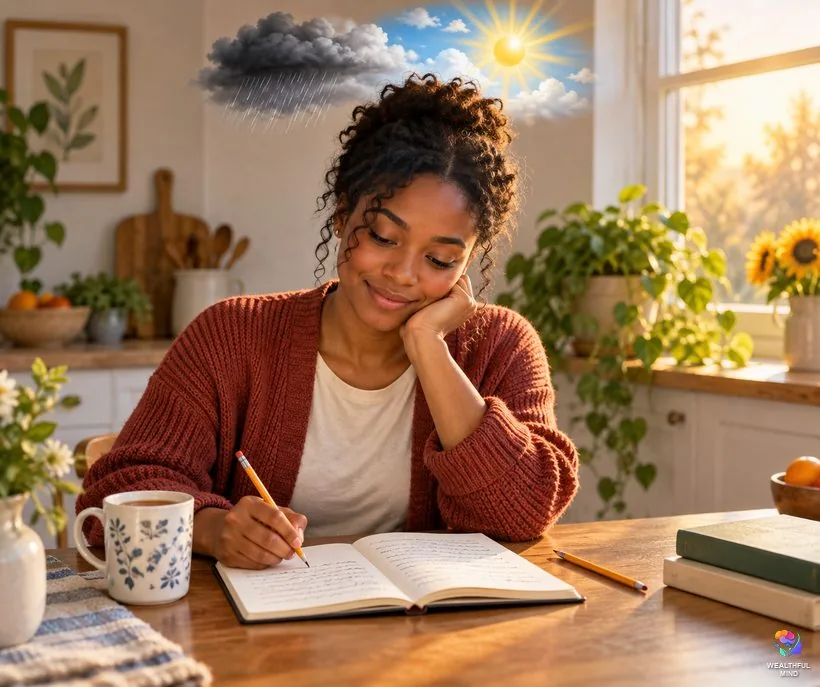 How to clear money blocks: a young woman catching and changing a money thought in her notebook as a dark cloud clears