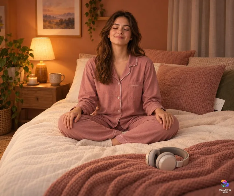 Combining the intention method with other shifting methods: a young woman meditating on her bed with a note under her pillow and headphones nearby