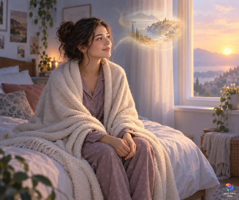 Coming back from shifting: a young woman sitting on her bed at dawn, wrapped in a blanket and gazing out of the window