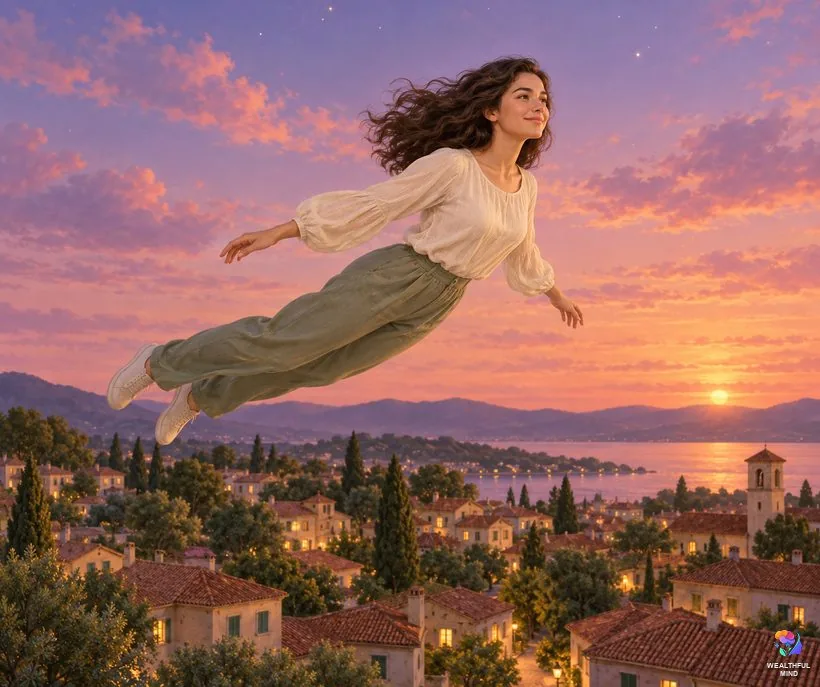 Common dreams and their meaning: a young woman flying calmly over rooftops at dusk in a soft dream