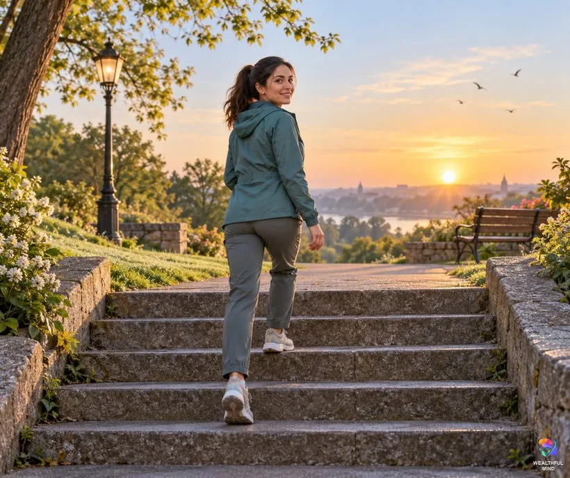 A first week of confidence exercises: a young woman climbing park steps one at a time at sunrise
