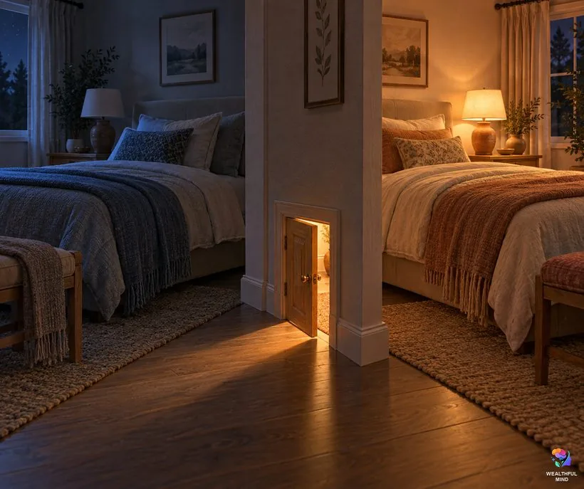 Coraline method shifting: two matching bedrooms joined by a small door, one dim and one warm and bright
