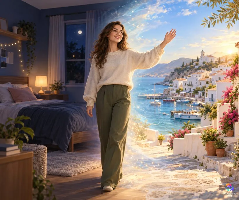 Create your DR scenario method: a young woman reshaping her lucid dream from a bedroom into a sunny seaside town