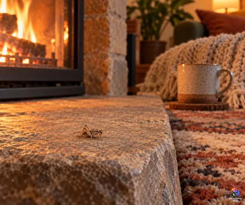 Cricket in the house: a light brown house cricket on the stone edge of a warm, glowing hearth
