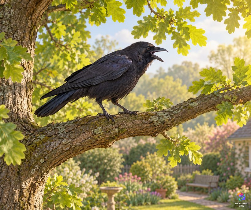 Crow cawing meaning: an American crow calling from an oak branch above a quiet spring garden