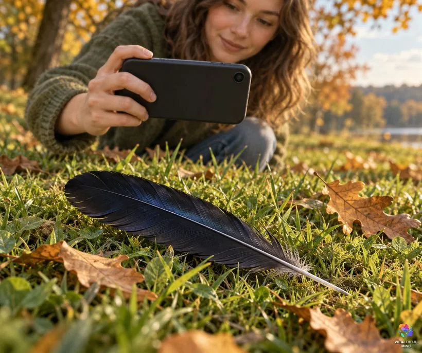 Crow feather meaning: a glossy black crow feather on the grass, photographed but left where it fell