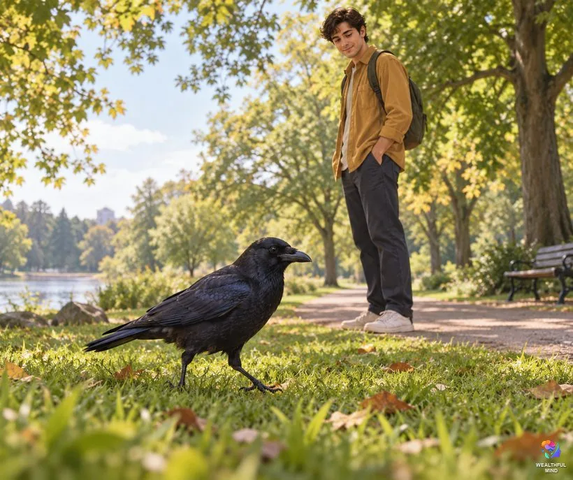 Is a crow a good or bad omen: a young man pausing on a park path to watch an American crow on the grass