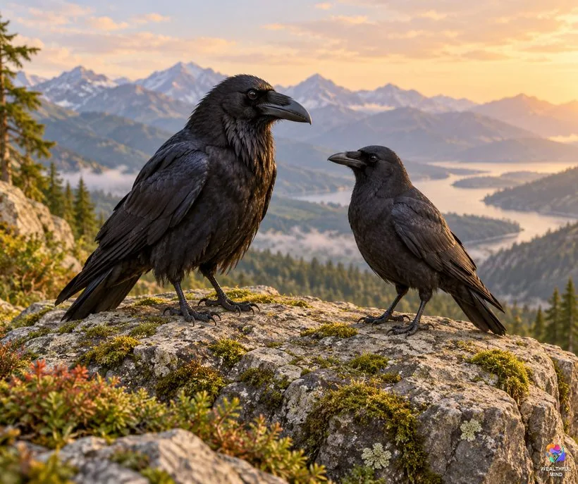 Crow or raven: an American crow beside a larger common raven with its heavy bill on a rocky ledge