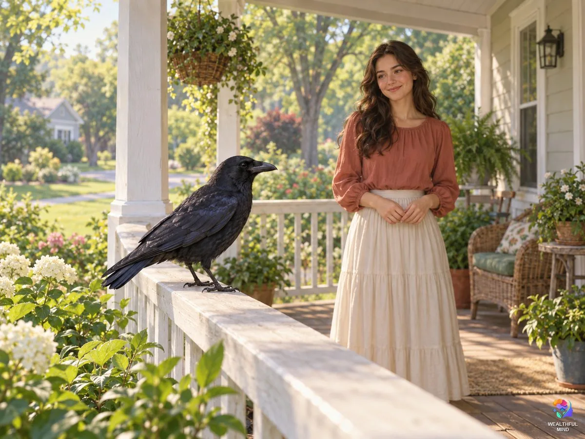 Crow spiritual meaning: a young woman smiling at an American crow on her porch railing