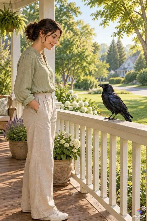 Crow spiritual meaning: a young woman smiling at an American crow perched on her porch railing in morning light