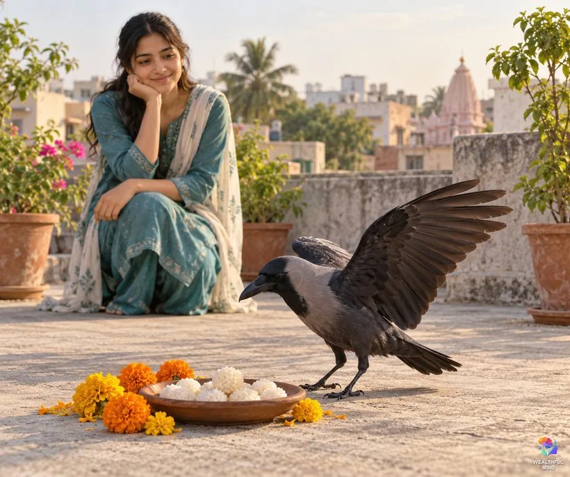 Crows after someone dies: an Indian house crow landing beside a rooftop rice offering while a young woman watches