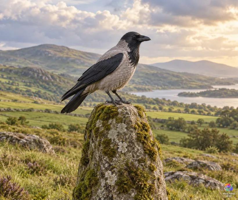 Crows in world traditions: a hooded crow perched on a standing stone in green Irish hills