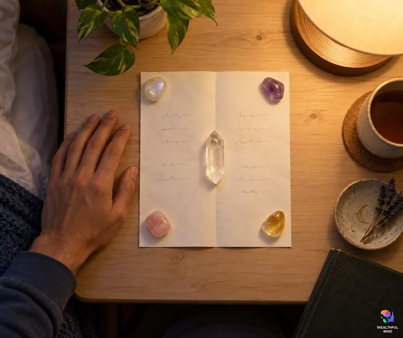 Crystal grid for shifting: four tumbled stones at the corners of a script with a clear quartz point in the middle
