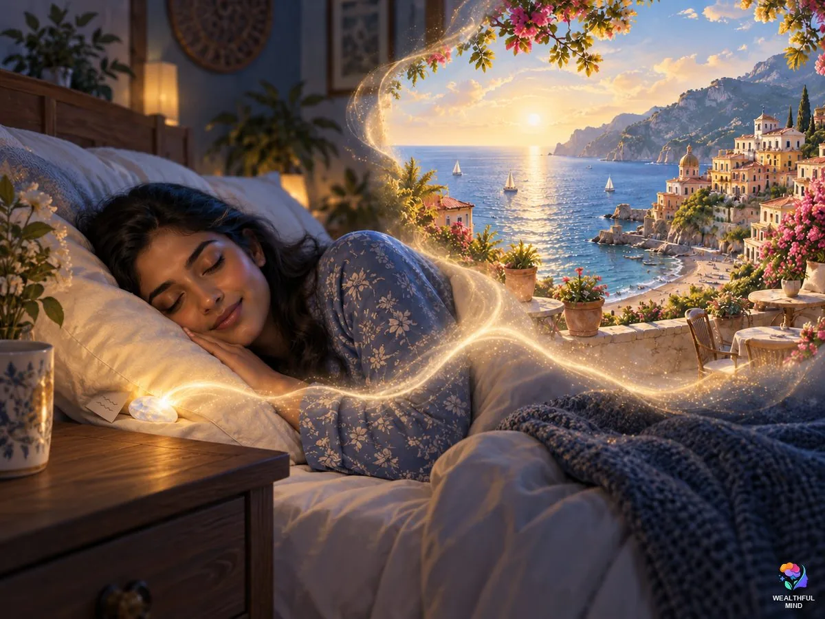 Crystals for reality shifting: a young woman asleep with a moonstone under her pillow as a path of light opens to her desired reality