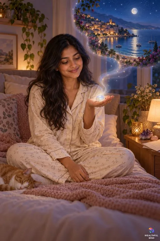 Crystals for reality shifting: a young woman holding a moonstone on her bed as a glow opens onto her desired reality