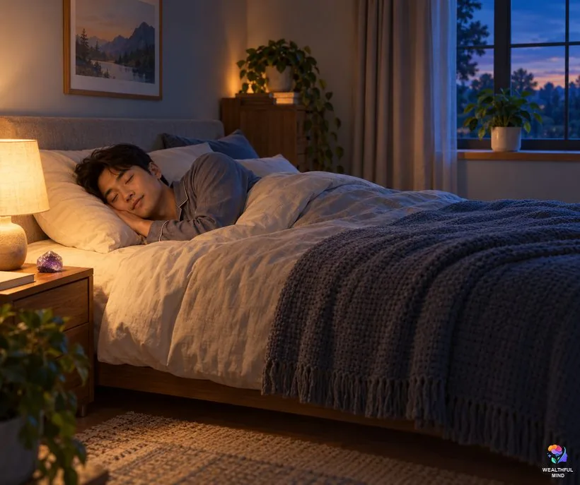 Crystals in the bedroom: a young man asleep with a small amethyst on the nightstand and a clear windowsill