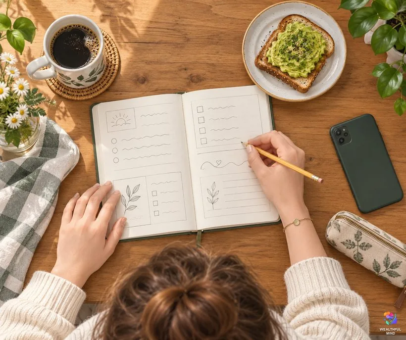 Daily manifestation journal template: a hand-ruled journal page being filled in over morning coffee