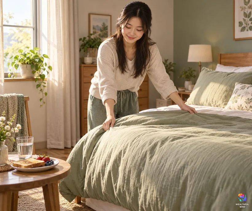 A simple morning routine when life gets hard: a young woman making her bed with water and breakfast ready nearby