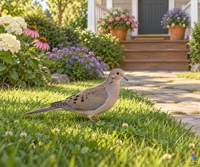 Dead bird meaning by where you found it: a mourning dove resting beside a sunny garden path to a porch