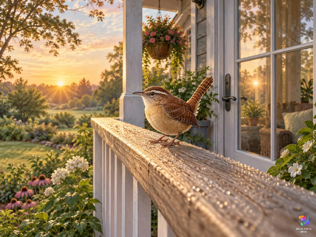 Dead bird spiritual meaning: a living wren on a porch railing at sunrise, a calm and hopeful scene
