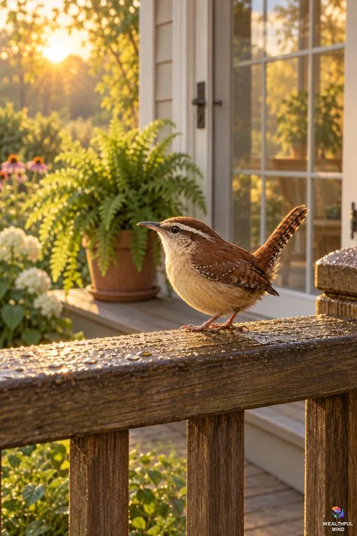 Dead bird spiritual meaning: a living Carolina wren on a porch railing beside a glass door at sunrise