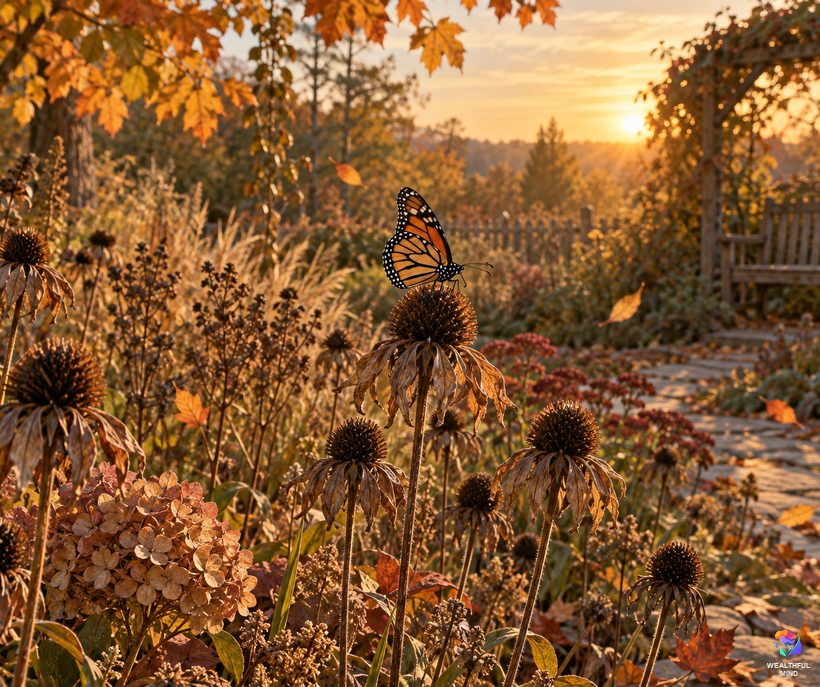 Dead butterfly meaning: a monarch resting on a dry seed head in a quiet autumn garden at the end of the season