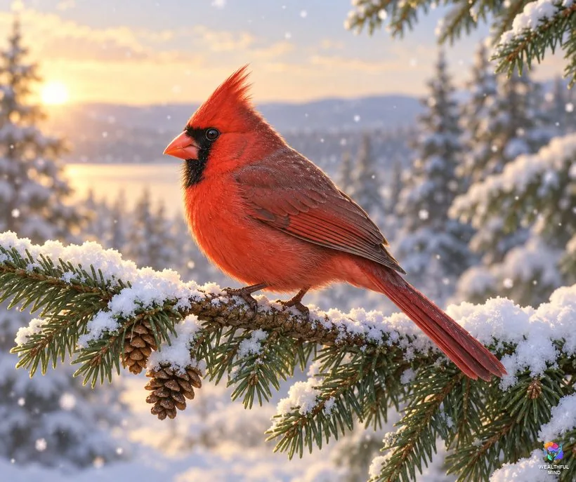 Different dead bird meanings by species: a living red cardinal on a snowy evergreen branch