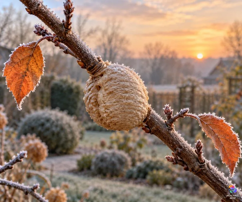Dead praying mantis meaning: a tan mantis egg case on a frosted twig, waiting for spring after the adults are gone