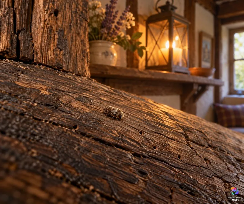 Tapping in the walls at night: a small brown deathwatch beetle on an old oak beam in candlelight