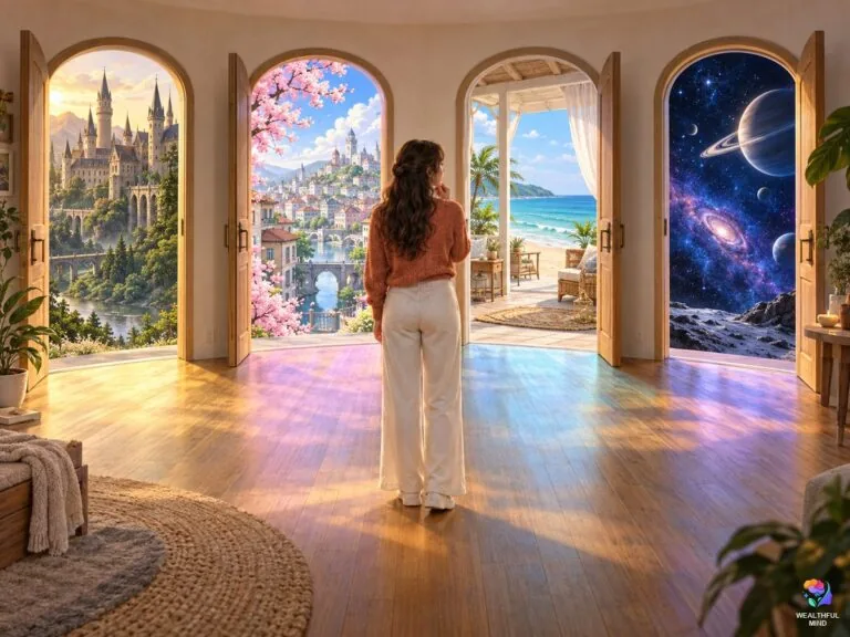 Desired reality ideas: a young woman choosing between doorways that open onto a castle, an anime city, a beach house and outer space