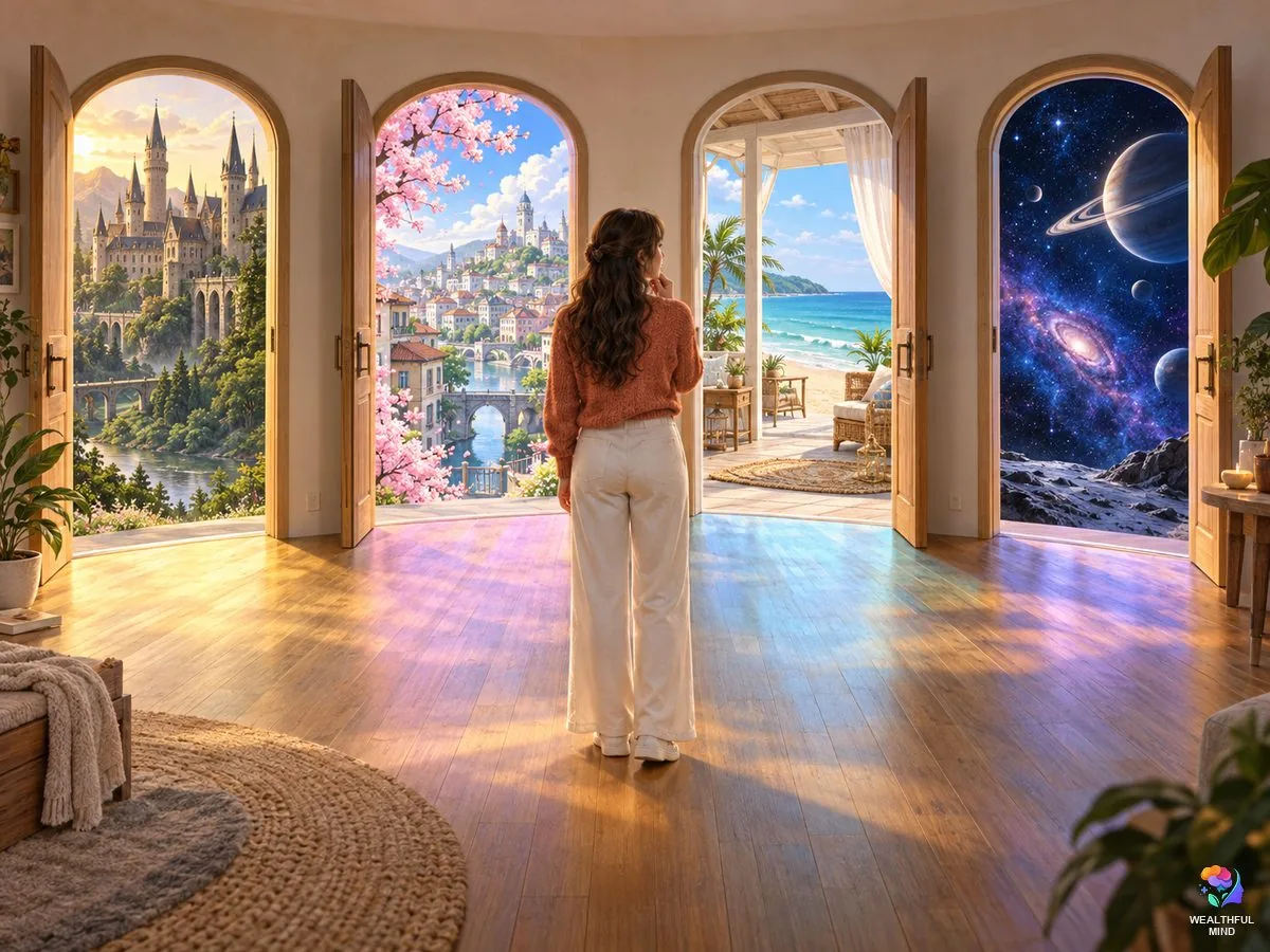 Desired reality ideas: a young woman choosing between doorways that open onto a castle, an anime city, a beach house and outer space