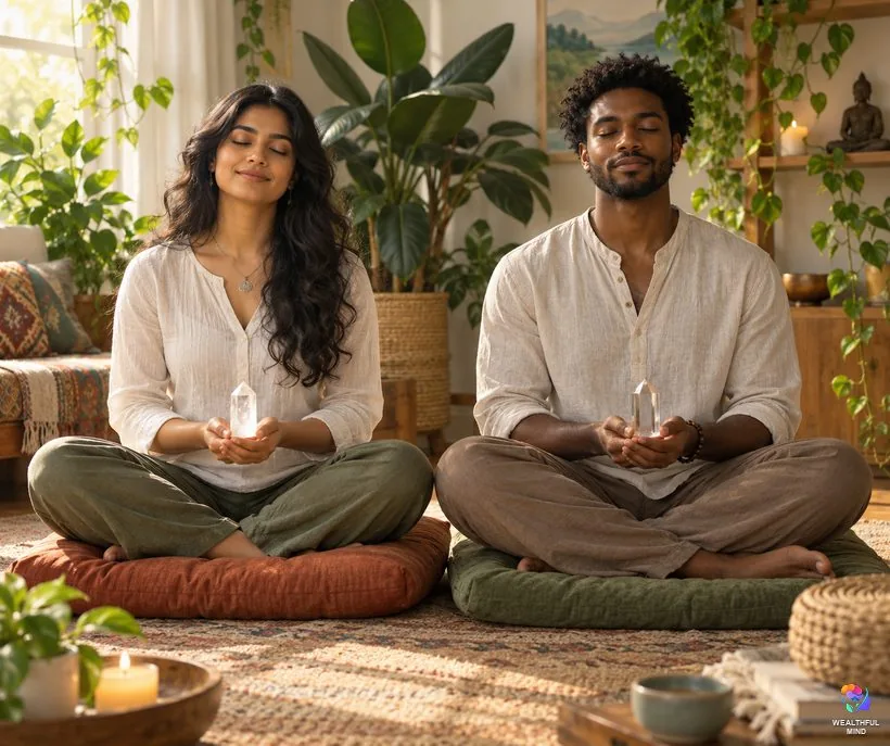 Do crystals help you shift: two young adults meditating, one holding a quartz crystal and one a glass copy