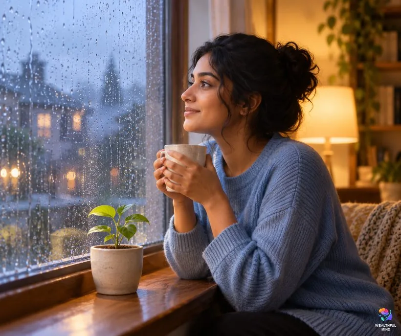 Do law of assumption affirmations work: a young woman reflecting by a window beside a growing plant