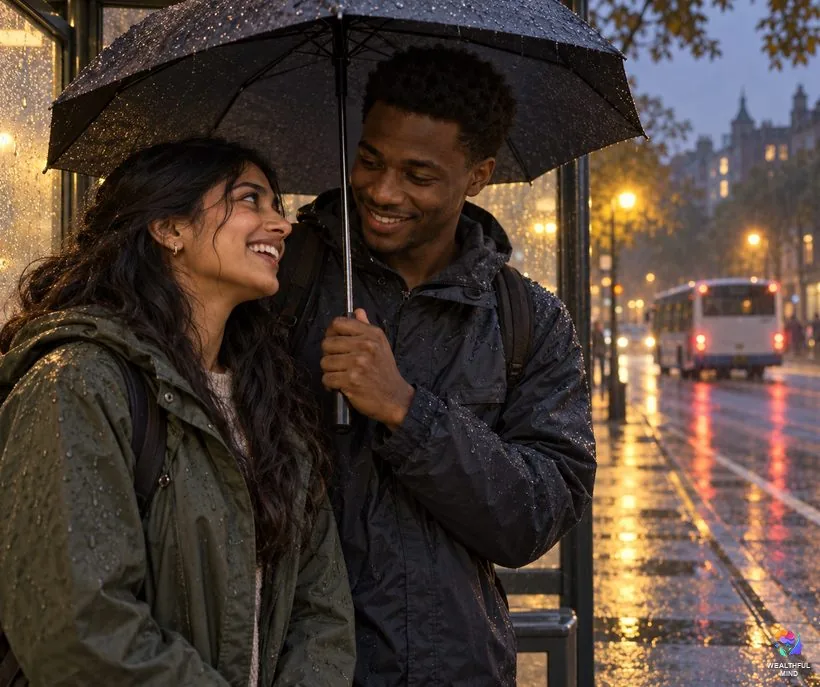 Does fate exist in love: a young couple laughing under one umbrella at a rainy bus stop