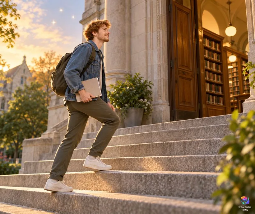 Does manifesting really work: a young man with a notebook walking up library steps, pairing his wish with real action